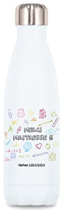 SB06 Bouteille isotherme Merci Maîtresse Objet Ecole personnalisée avec le prénom de votre choix