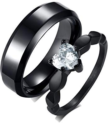 Gualiy Edelstahlringe Partnerring, Ringe Paare Silber 6MM Schwarzer Ring, Ring mit Zirkonia Herz Hochzeit Ringe Damen 52 (16.6) & Herren 65 (20.7)