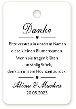PERSONALISIERT Hochzeit Geschenkanhänger Tags Danke Papieranhänger Etiketten zur Taufe/Hochzeit/Kommunion Konfirmation/Geburtstag Blumensamen 40mmx60mm - Tag 077 (50)