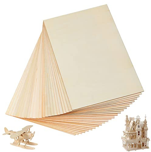 YOUNTHYE 24PCS Unfinished Plywood Sheets, 300x200x2mm Balsa Wood Sheets, Rectangular A4 Wood Sheets for Wood Craft Painting Engraved Model Making Projects