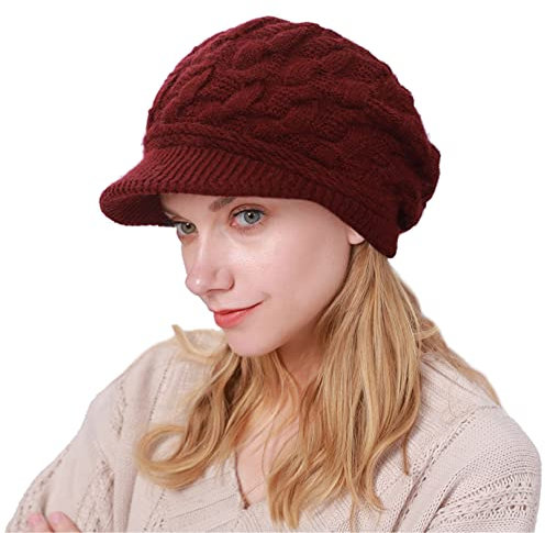CheChury Damen Wollmütze Winter Mütze Warme Strickmütze Frauen Wintermütze Kaschmir Mütze mit Shirm Damen Schirmmütze Grobstrick Baskenmütze Winter Strickmütze mit Schirm Damen Barett Fleece,Weinrot