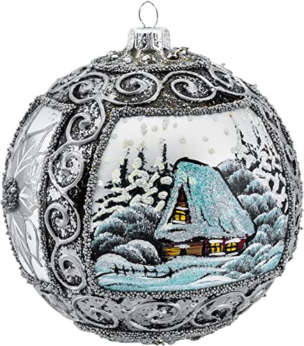Polish Gallery Weihnachtsschmuck, Winter-Anhänger, mit Weihnachtsstern, geblasene Glaskugel (150 mm, Silber)