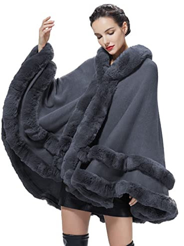 BEAUTELICATE Kunstpelz Umhang Poncho Damen Stola Braut Cape Mit Kapuze Für Winter Hochzeit Abend Party Schwarz Khaki Beige Rosa S113 (Dunkelgrau, Einheitsgröße)