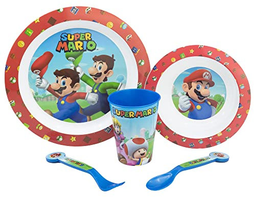 Set vajilla infantil reutilizable apta para microondas compuesta por vaso, plato, cuenco y cubiertos de Super Mario