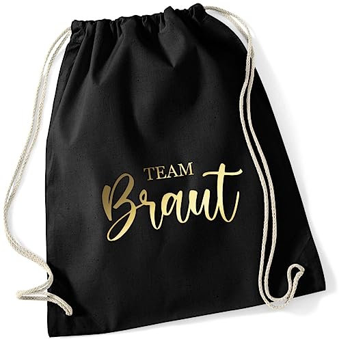 AWASG Turnbeutel JGA Team Braut zum Zuziehen | Stoffbeutel Baumwolle mit Kordel | Jutebeutel für Junggesellinnenabschied Accessoire Überraschungs-party (Schwarzer Beutel Team Braut)