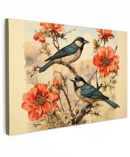 MuchoWow© Wandbilder 60x40 cm Schlafzimmer Home Deko Wohnung Bild Wohnzimmer Fotoleinwand Wand Bilder Leinwand Wall Decor Vintage - Vögel - Blumen - Rot - Beige - Tiere - Zweige