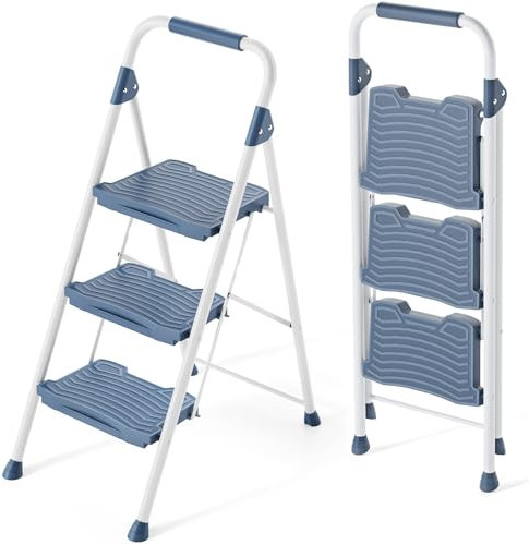KINGRACK 3 Step Ladder, Sturdy Step Stool with Handrail, Anti-Slip Wide Pedals, Foldable Step Stool for Home, Garage, Garden, Safety Locking, Pass 900LBS Testing, Blue