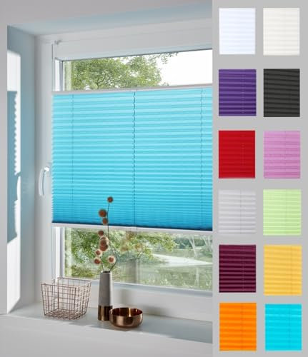 DécoProfi Plissee ohne Bohren Wasserblau/Türkis 70cm x 220cm (max. Gesamthöhe Fensterflügel) I Verspannte Plissees nach Maß mit Klemmträger/Klemmfix I Blickdichte Innenrahmen-Plissees zum Klemmen