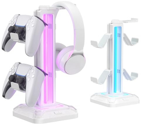 KDD Headset Halterung mit 9 Lichtmodi - Controller Halter Schreibtisch - Drehbarer Gaming Kopfhörer Ständer & Abnehmbarer Controller Haken für Gamer PC Xbox ONE PS5 Gaming Zubehör (Weiß)