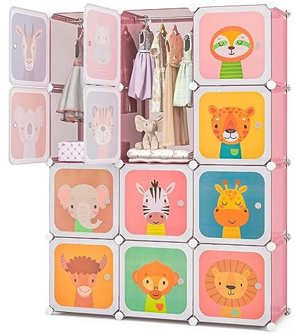 COSTWAY 8/12 Cube Children Clothes Closet, Cartoon Modular Wardrobe with Hanging Sections, Kids Storage Unit for Children Room, Nursery, Bedroom