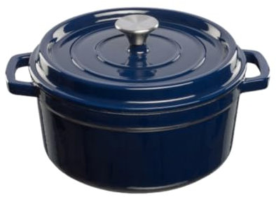 GRAND FEU Redondo Horno holandés de hierro fundido - Olla de hierro fundido esmaltado con tapa y asas anchas para Cocina Estofado, Paella, Freír, Asar, Saltear - Cazuela 3,5 L, Azul oscuro