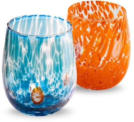Gocce di Murano 2 Bicchieri Acqua Lavorati Secondo la Tradizione degli Artigiani di Murano, Bicchiere Soffiato e Lavorato a Mano 300 ml - Bicchieri Acqua Vetro Arcobaleno Pioggia