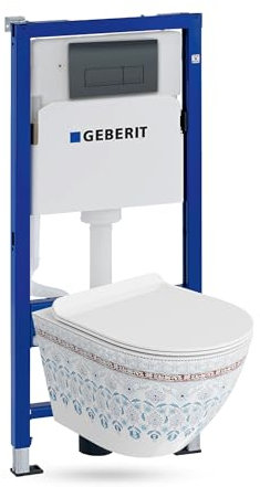 Lavita Duofix Basic Vorwandelement + Wand Tiefspül WC Sofi Slim Folklor Spülrandlos + WC Sitz + Bedienplatte Delta 25 Schwarzer Knopf Komplettset Unterputz Spülkasten Toilette Komplett Sett WC