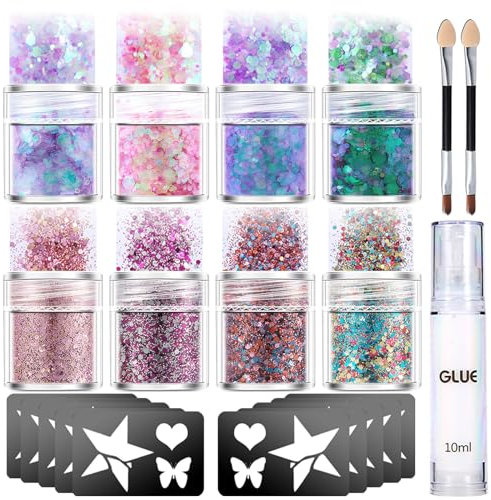 Face Glitter Body Glitter 8 Colours Chunky and Fine Glitter with Glitter Glue,10 Tatoo Stickers, Brush for Body,Face,Makup,Nail,Hair, Party,Festival Accessories,Art & Craft Supplies
