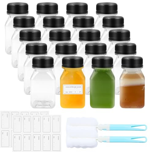 TAIHOBO 20PCS Juice Bottles, 4oz/120ml Ginger Shot Bottles with Lids, Clear PET Empty Smoothie Bottle with Stickers & Brushs, Small Plastic Bottles with Lids for Storing Juices Milk Other Beverages