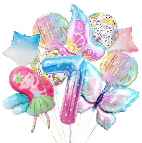 Schmetterling Geburtstagsdeko - Bunt Folienballon, 7 Jahre Deko, Zahl 7 Rosa Mädchen Ballon, Luftballon für Kinder Themen Party