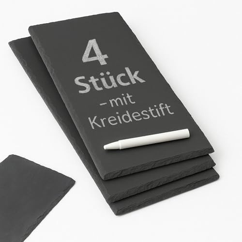 Thiru Premium Schieferplatten - zum Servieren & Beschriften - 100 Tage risikofrei testen - Ideal als Buffet oder Käseplatte - inkl. Ersatz Gummi Füße & Kreidestift (4, 30x10cm)