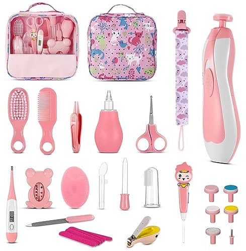 Kit de soins de santé et de toilettage pour bébé, 28 pièces, kit de toilettage amélioré avec brosse à cheveux, peigne, coupe-ongles pour nouveau-né, tout-petit, bébé (Rose)
