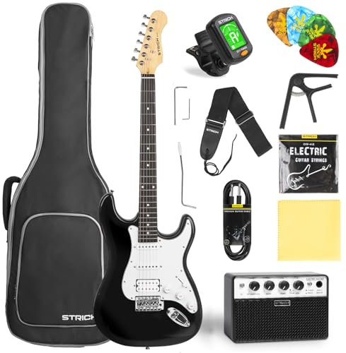 STRICH Electric Guitar Beginner Kit, Solid Body 39 Full Size Electric Guitar HSS Pick Up for Starter, with 10W Amp, Bag, Digital Tuner, Capo, Strap, String,Cable, Picks, SST-S20 Black