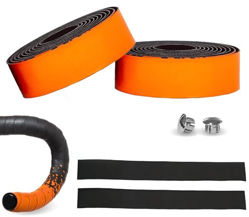 Nastro Bici da Corsa Manubrio 2 Pezzi, Nastri Manubrio per Bicicletta da Corsa MTB con Bike Manubrio Bar End Tappi, PU e Schiuma EVA, Autoadesivo Confortevole Antiscivolo e Traspirante (Arancia)