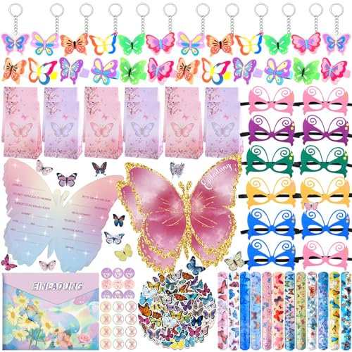 Tutukyle 122 Stück Schmetterling Party Mitgebsel Kindergeburtstag Mädchen, Einladungskarten Kindergeburtstag Mädchen, Aufkleber Tüten Mask Armbänder Gummiringe Schlüsselanhänger