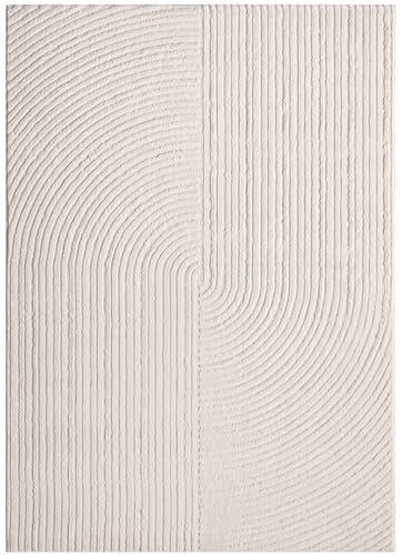 VIMODA Moderner Kurzflor-Teppich Boho Wohnzimmer Schlafzimmer dünn mit 3D Hoch-Tief Effekt Pflegeleicht, Farbe:Creme, Maße:120x170 cm
