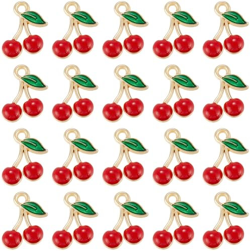 SUNNYCLUE 1 Box 60Pcs Red Cherry Charm Enamel Fruit Charms Bulk Golden Metal Alloy Fruits Food Cherries Mini Dangle Charm for Jewellery Making Charms Bracelets Necklace Earring DIY Crafts Accessories