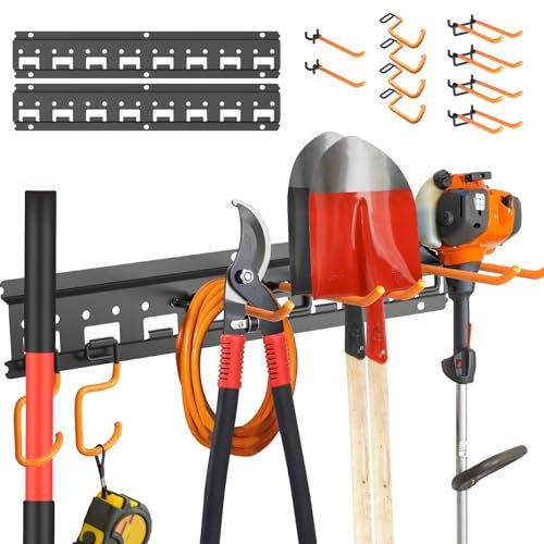 Unaikoo Support mural pour outils de garage – Rangement et organisation robustes pour outils de jardin avec crochets réglables pour panneau perforé – Support pour balais, balai, pelles, râteau,
