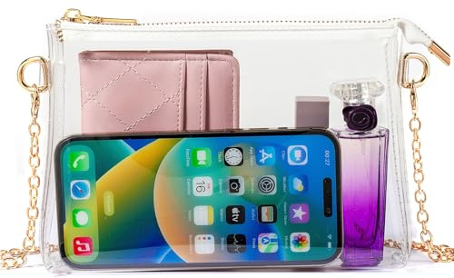 FAN ONUO Clear Purse for Women Stadium Approved, Small Clear Crossbody Bag Stadium Bag for Concerts Sports Events, Gold Chain-medium
