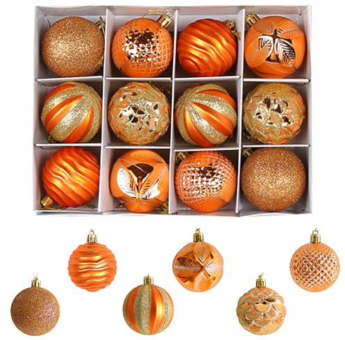 12 Stück Weihnachtskugel Ornament Set,Glitzernde Christbaumkugeln,Bruchsichere Kunststoff Weihnachtsbaumkugeln,Weihnachtskugeln zum Aufhängen mit Haken,für Weihnachtsfeiertage,Heimdekoration,(orange)