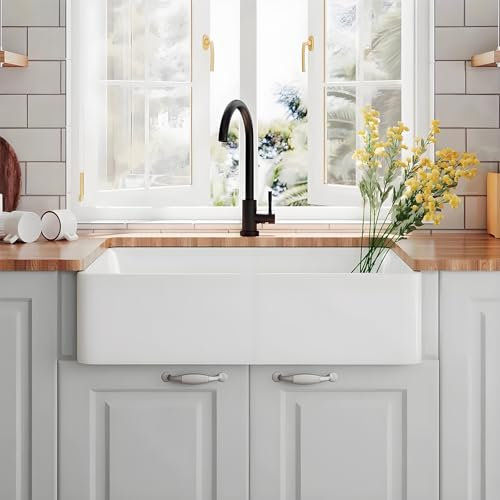 Fregaderos de Cocina de un Seno, Fregadero de Granja, Fregadero de Cocina de Cerámica de Estilo Americano Grande y Profundo, Semi-Montaje Inferior, Rectangular Blanco for Cocinas y Balcones