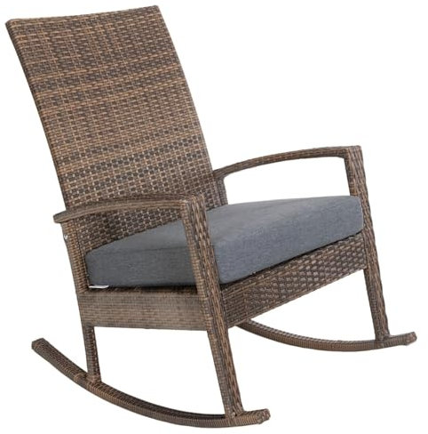 Ogarden Rocking Chair, Garten schaukelstuhl wetterfest, Poly Rattan Outdoor Schaukelstuhl, Schaukelsessel mit Kissen, für Garten, Terrasse, Balkon, Relaxsessel Gartenstuhl (Braun - Graues Kissen)