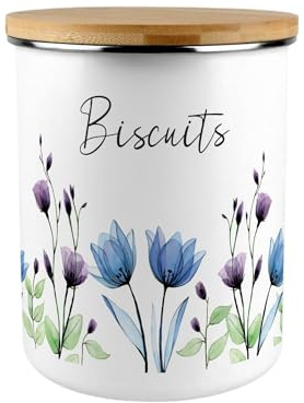 Purely Home Blooming Lovely Flowers Biscuit Canister - Blue & Purple Floral Large Enamel Kitchen Storage Container/Cookie Jar Gift