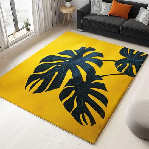 Jaune Tapis Salon Feuilles De Monstera Intérieur Doux en Flanelle Tapis de Chambre, Poil Court Moderne Lavable Antidérapant Moquette, pour Salon Chambre Enfant & Salle À Manger 120 x 180 cm