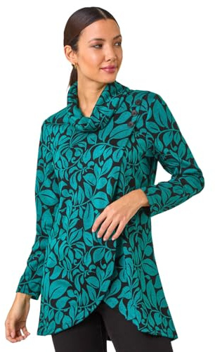 Roman Originals Women's Cowl Neck Long Sleeve Tunic Ladies Lightweight Longline Patterned Top Blouse Snit Autumn Winter Work & Casual Smart Wear Going Out Party Loungewear - Leaf Teal - Size 20