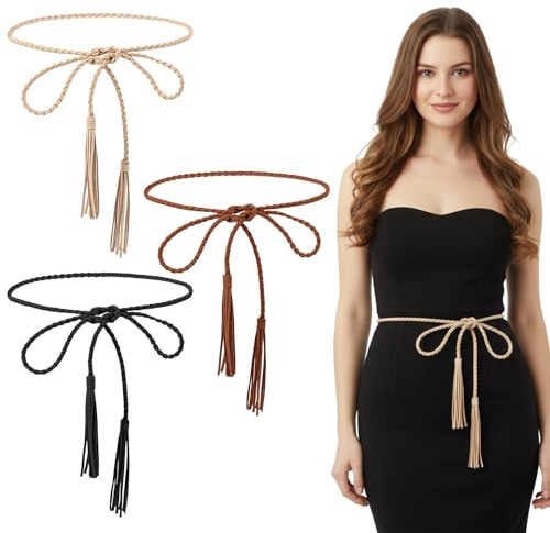 guduling 3pcs Tie Belt, Woven Rope Belts For Women, Waist Belt, Boho Cord Belts With Tassels for Dress,Skirt, Jeans Decoration Women & girls (Black, Brown, Khaki)