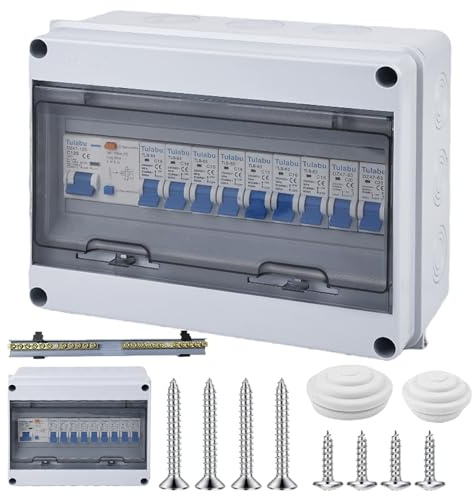 Sicherungskasten Aufputz Verteilerkasten, Baustromverteiler Wandverteiler mit Fi Schutzschalter, IP65 Wasserdicht Stromverteiler für Innen/Außen, Leistungsschalter 125A Trennschalter AC 7x16A+2x20A