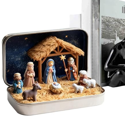 Matoebyr Mini Weihnachtskrippe In Einer Blechdose,Tragbar Taschenformat Handgefertigte Christlich Krippenszene Figuren Dekorationssets Aus Kunstharz Mit Heiliger Und Hirten, Für Und Freunde