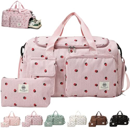 AUNGKWANG Reisetasche Damen, Sporttasche Damen mit Schuhfach, Nassfach and Kleine Geldbörse, Cord Schwimmtasche, Erdbeere Gym Bag, Weekender Travel Bag für Reisen, Fitness, Sport, 48x22x27 cm