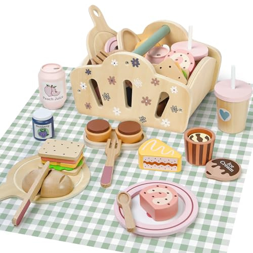 Masonbaby Kinderküche Spielküche Zubehör aus Holz, Spielzeug-Lebensmittelset mit Klett-Verbindung, Küchenspielzeug mit Holzkörbchen, Rollenspiel Holzspielzeug Festliche Geschenke für 3, 4, 5 Jahre alt