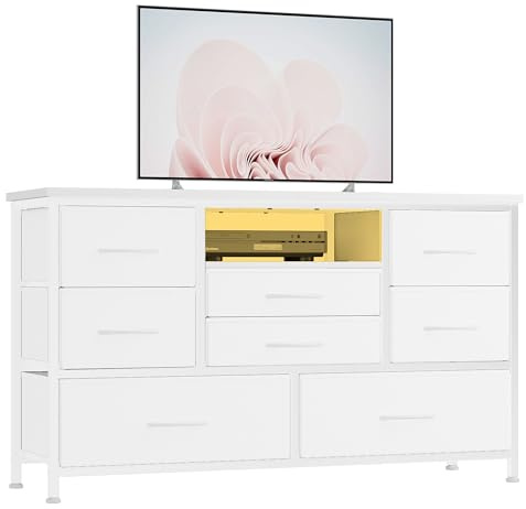 Zstar Cómoda con Mueble para TV De 32, 42 y 50 Pulgadas, Centro De Entretenimiento con Luces LED y Estación De Carga, Cómoda con 8 Cajones De Tela y Estantes Abiertos para Sala De Estar y Pasillo.
