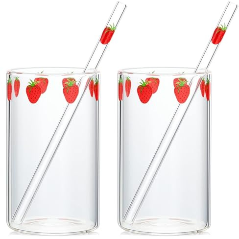 Ngbbby Tazza in vetro a fragola con cannuccia 2 Set Tazze a fragola in vetro borosilicato alto per donne e ragazze Bicchieri multiuso per latte, succhi di frutta, bicchieri