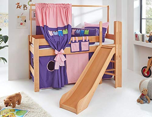 Froschkönig24 Hochbett Leo Kinderbett mit Rutsche Spielbett Bett Natur geölt Rosa/Violett