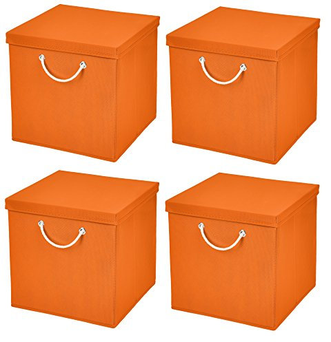 Stick&Shine 4X Aufbewahrungs Korb Orange Faltbox 30 x 30 x 30 cm Regalkorb faltbar mit Kordel und mit Deckel