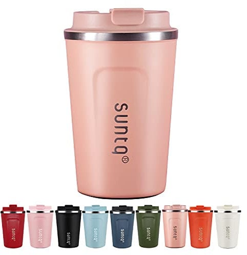 SUNTQ Reusable Coffee Cups Travel - Coffee Travel Mug with Leakproof Lid - Insulated Cup Thermal Mug - Stainless Steel Coffee Travel Cup - for Hot and Cold Drinks, 13oz/380ml, Coral Pink