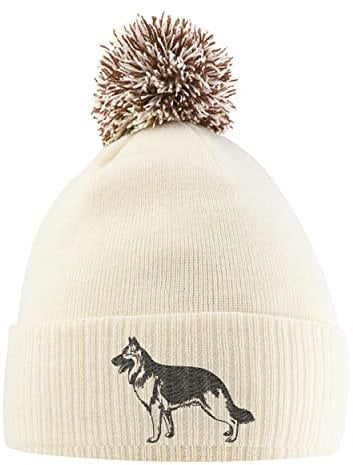Purple Print House Deutscher Schäferhund Bommelmütze,Deutscher Schäferhund Beanie Mütze mit Bommel, Farbe: Weiß/Mokka, Einheitsgröße