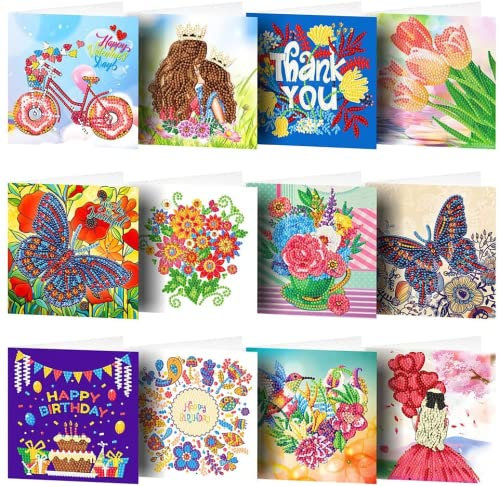 VNSTKWW 12 Stück 5D DIY Diamantmalerei Grußkarte Kreative Geburtstagskarte Spezielle geformte Weihnachtspostkarte Stickerei Kunst Handwerk für Familie Freunde Liebhaber für Geburtstag Festival
