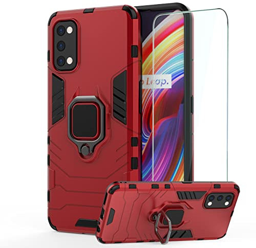 DERHAN Funda para Realme 7 Pro, Fundas Resistentey Duradero con Cristal Templado, Carcasa Antigolpes Silicona TPU Bumper Case - Rojo