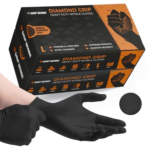 GripSense Gants Nitrile (2 Packs de 50) - Gants Noirs Diamant Haute Densité - Gants sans Latex ni Poudre en Nitrile Noir XL - Gants Mécanicien Extra Épais et Super Forts - Dextérité Max L5