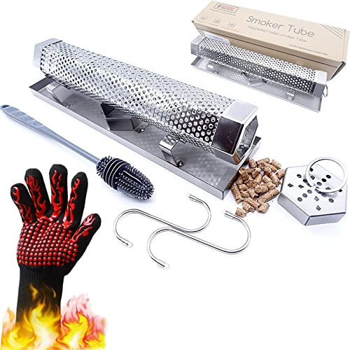 FMOON Upgraded Pellet Smoker Tube With Cold/Hot Smoking Place Platforms,12 Wood Pellet Tube Smoker With Heat Resistant Glove and 2 Hooks and 1 Brush and 1 Smoke Tube Cover